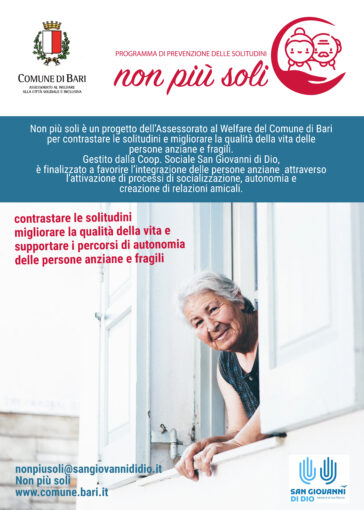 Bari: parte “Non più soli”, il programma promosso dall’assessorato al Welfare per contrastare le solitudini e migliorare la qualità della vita delle persone anziane e fragili
